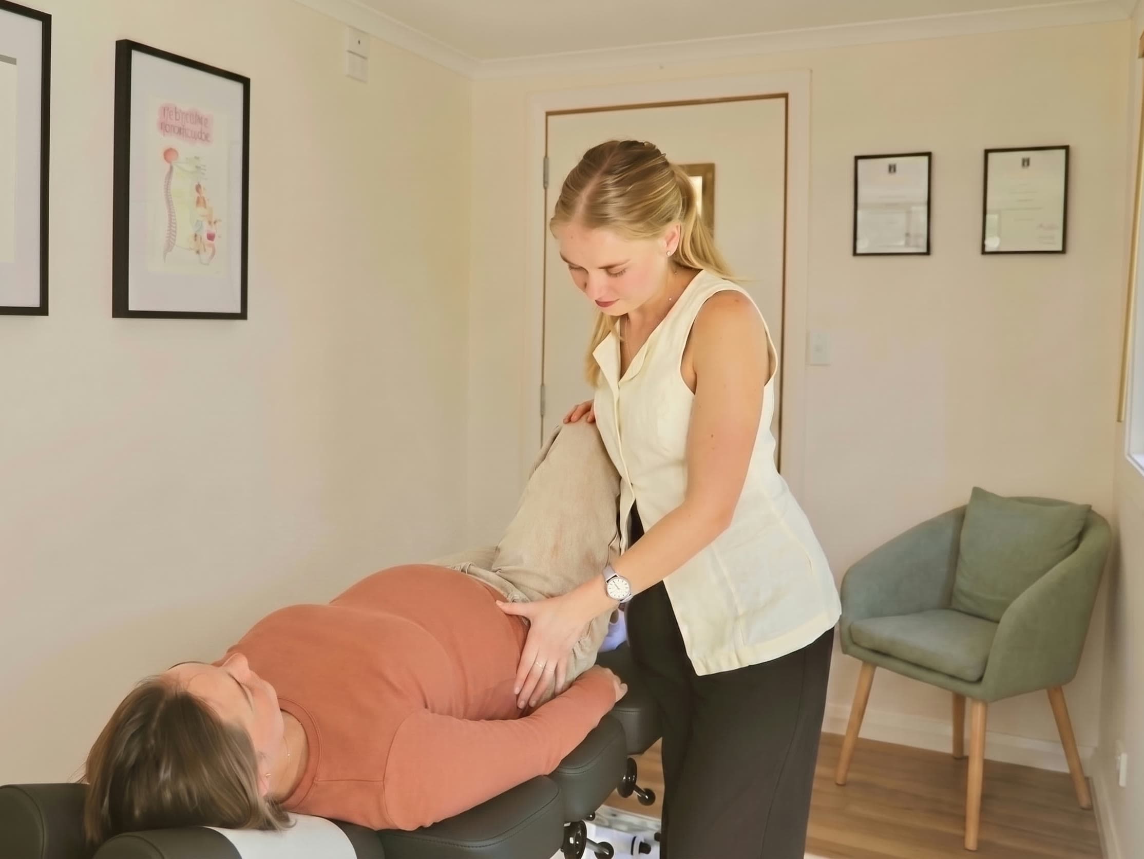 Dr Lucy placing a supportive cushion under a pregnant patient's hips during gentle care